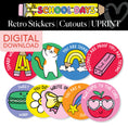 Load image into Gallery viewer, Printable Bright Rainbow Retro Stickers Bulletin Board Cutouts | School Days