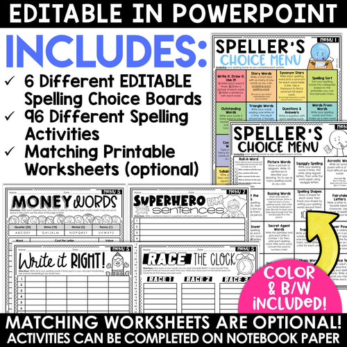 Spelling Practice Activities Any List of Words Word Work Choice Boards EDITABLE