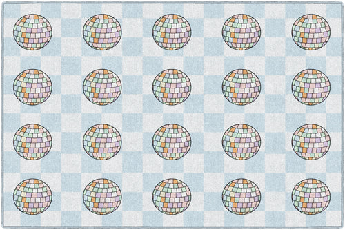 Disco Balls on Blue Checkerboard Sit Spots | Classroom Rugs | Schoolgirl Style