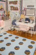 Load image into Gallery viewer, Smiley Cowboy Sit Spots on Light Blue Classroom Rug by Schoolgirl Style