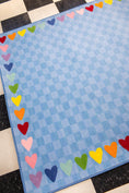 Load image into Gallery viewer, Blue Checkerboard Rug with Rainbow Hearts Border Classroom Rug by Schoolgirl Style