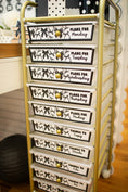 Load image into Gallery viewer, Black and White Editable Printable 12-Drawer Classroom Cart Labels | Books and Bows