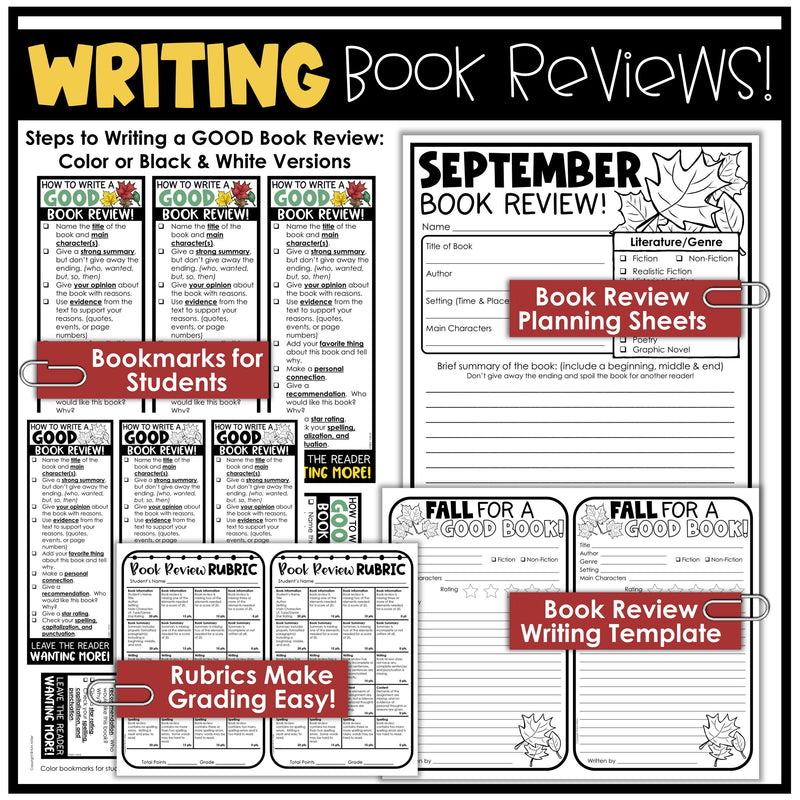 Fall September Bulletin Board Book Report Review Template Writing Activities