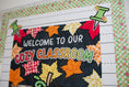 Load image into Gallery viewer, welcome to our cozy classroom tapestry with a pumpkin with glasses and leaves and fall inspired school supplies.