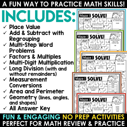 Fall Winter Spring Math Mazes Worksheets Word Problems 3rd 4th 5th Grade BUNDLE