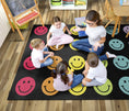 Load image into Gallery viewer, Rainbow Smileys on Black Sit Spots Classroom Rug by Schoolgirl Style