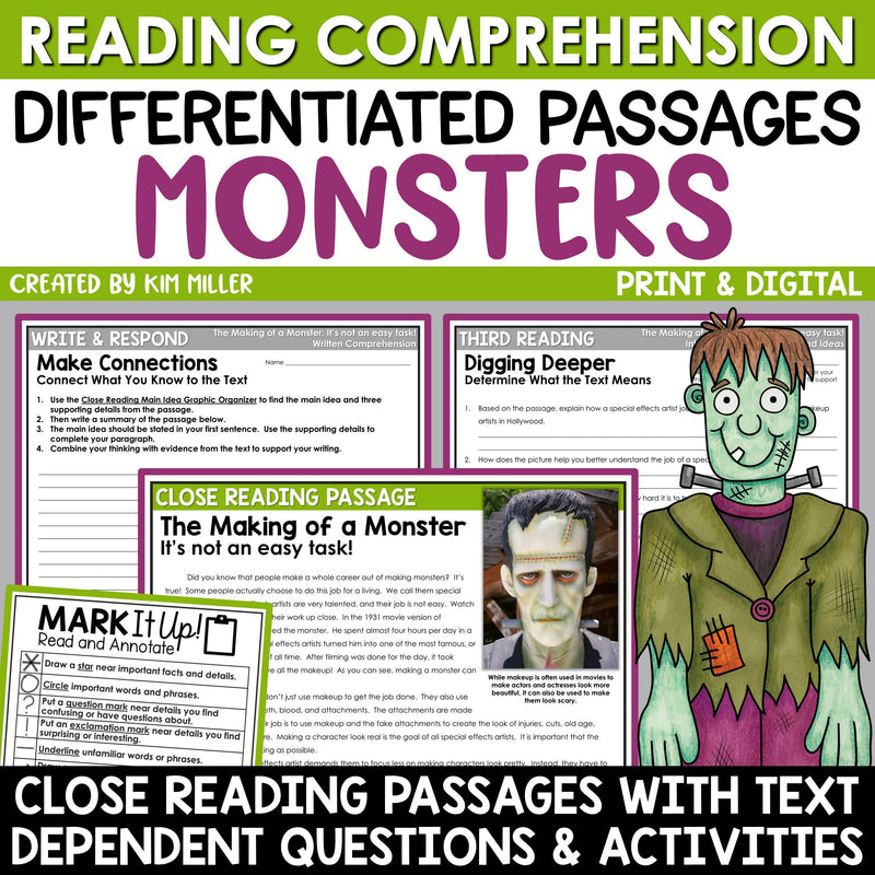 Halloween Activities Close Reading Comprehension Passages Fall Monsters