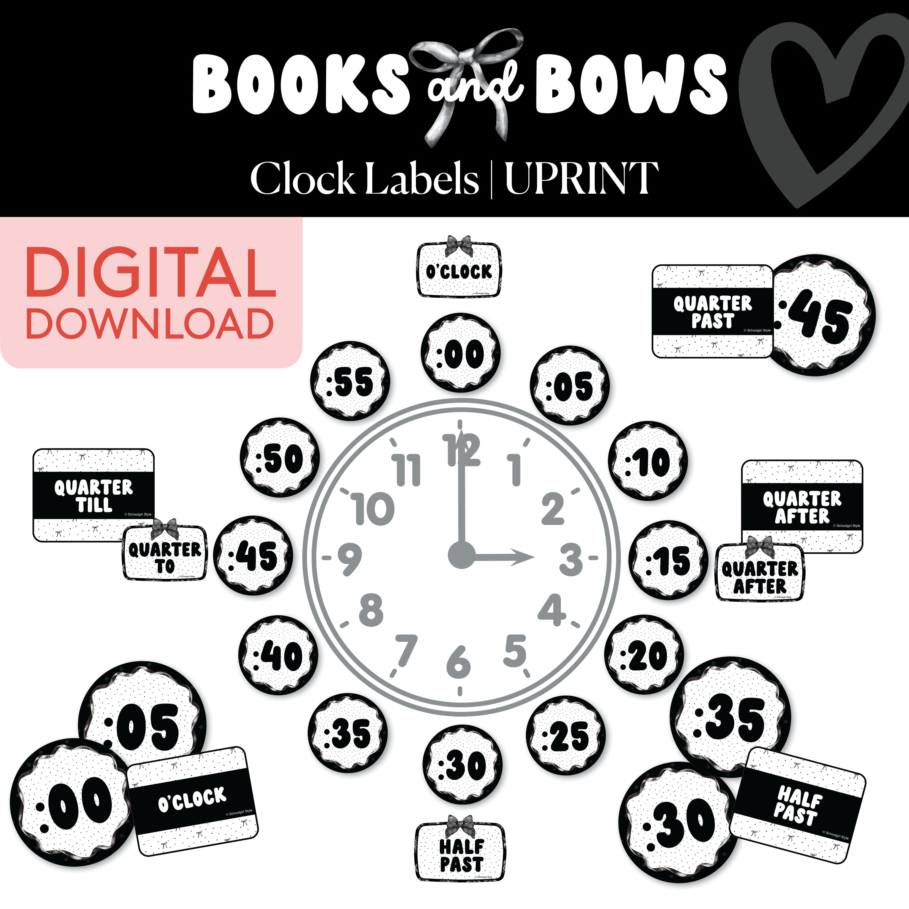 Printable Black and White Clock Classroom Labels | Books and Bows ...