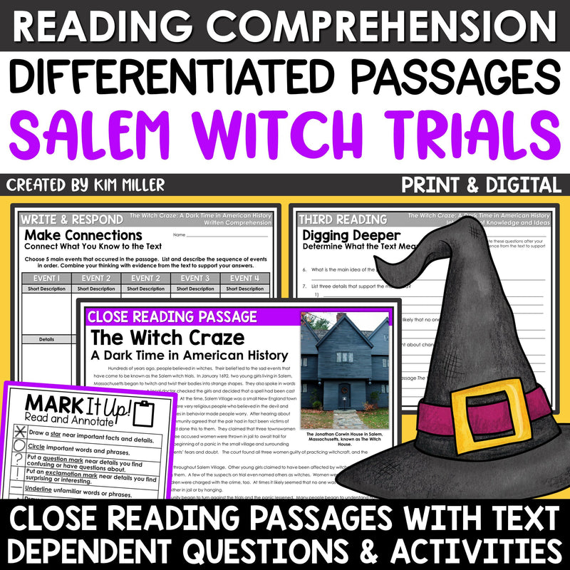 Halloween Close Reading Comprehension Passages & Questions Salem Witch Trials