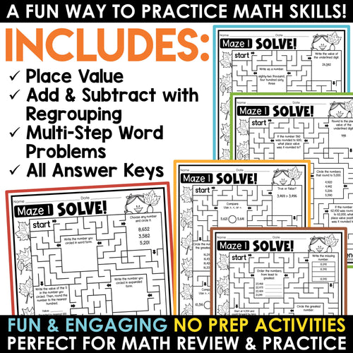 Fall Math Mazes Worksheets Place Value Addition Subtraction Word Problems BUNDLE