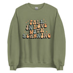 'Fall in Love with Learning' Teacher Crewneck Sweatshirt in green, pink, white and tan