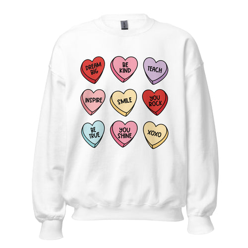 Candy Hearts Valentine's Day teacher sweatshirt | Pink or White