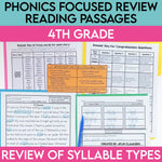 4th Grade Syllables Phonics Focused Review Reading Passages | 6 Syllable Types Worksheets