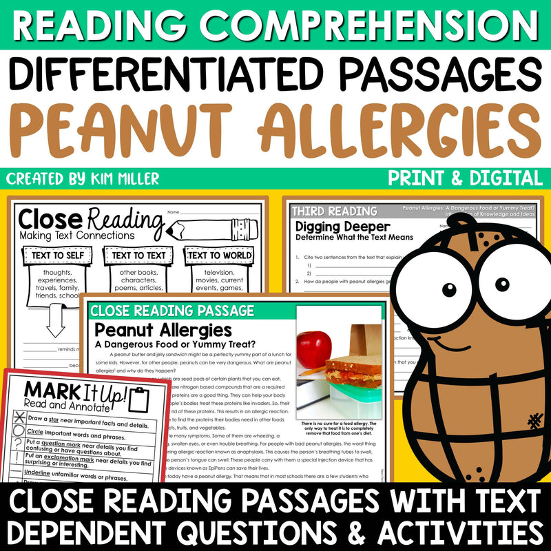 Peanut Allergies Close Reading Comprehension Passages Differentiated Reading