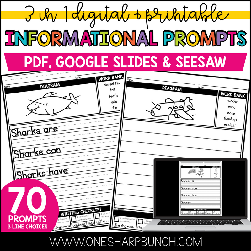Digital & Printable Informational Writing Prompts Writing Center | Printable Classroom Resource | One Sharp Bunch