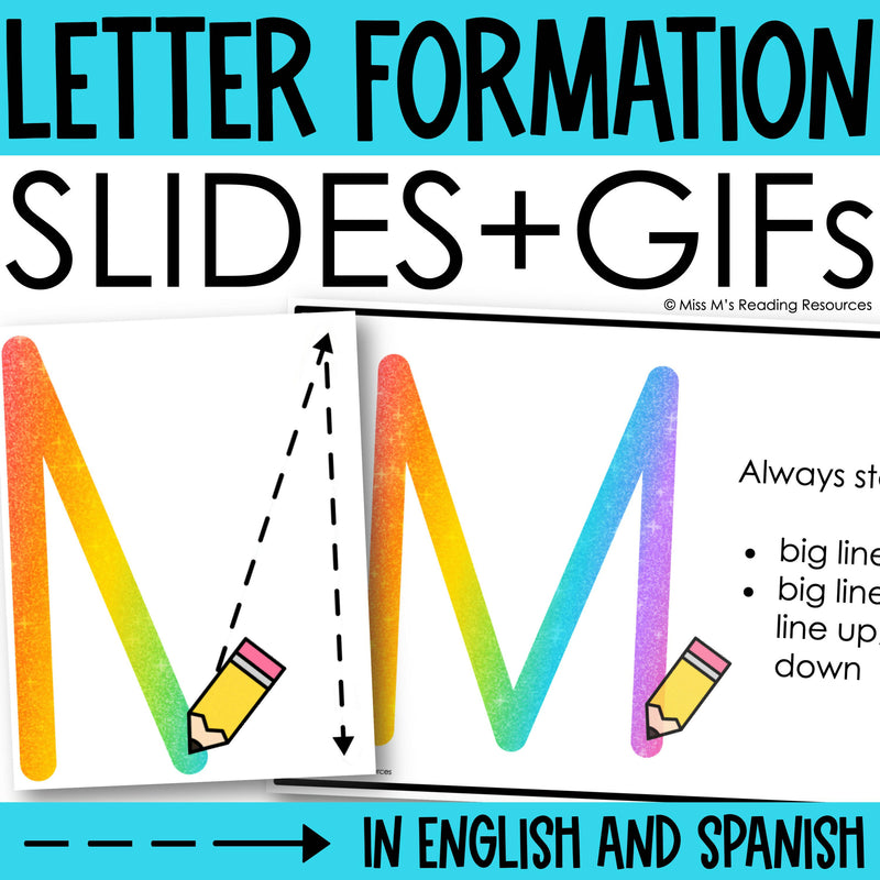 Letter Formation Slides and GIFS in English and Spanish by Miss M's Reading Resources