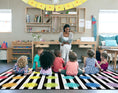 Load image into Gallery viewer, Rainbow Poms and Stripes Sit Spots Classroom Rug by Schoolgirl Style