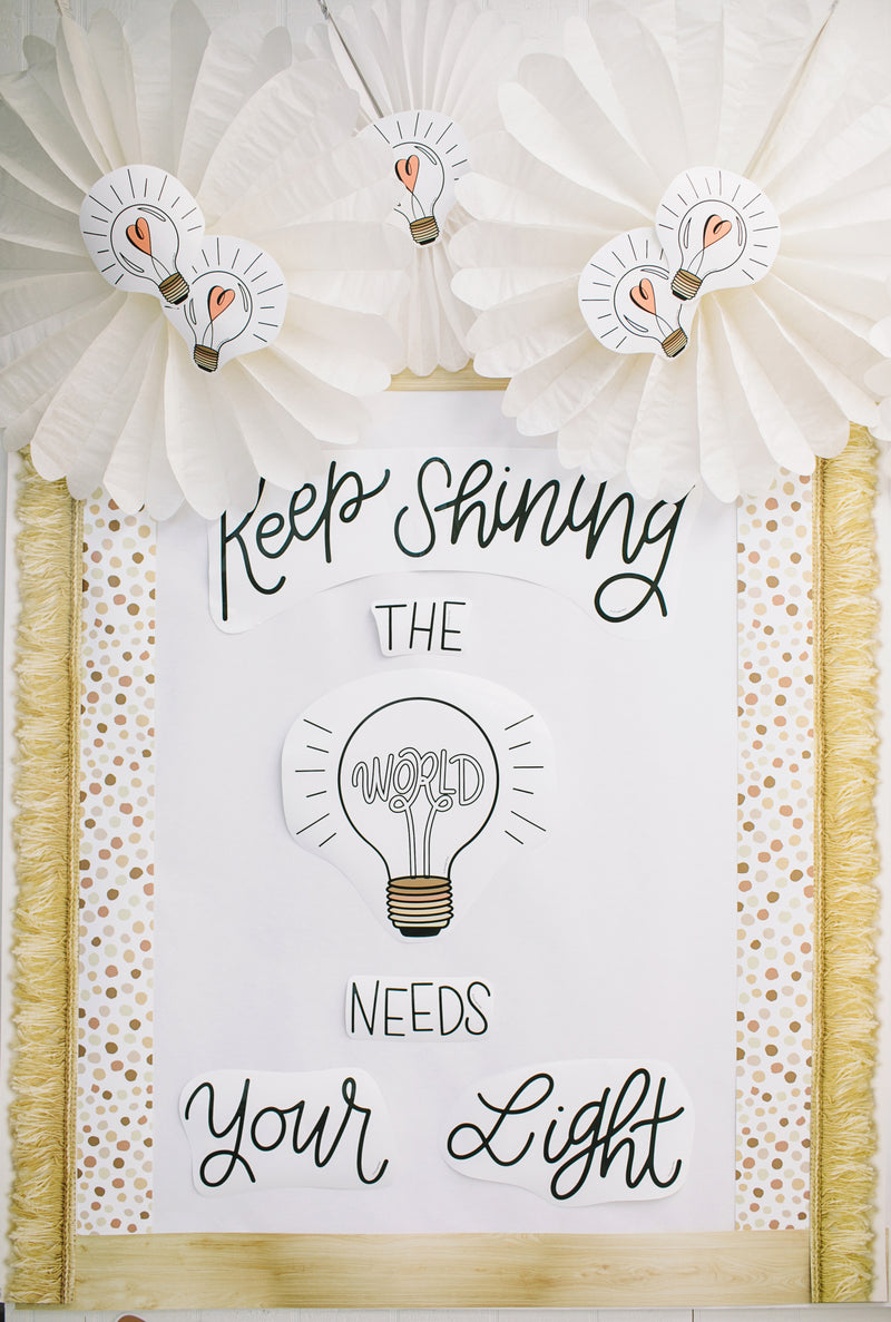 Keep Shining The World Needs Your Light | Classroom Bulletin Board Set | Boho Rainbow | Schoolgirl Style