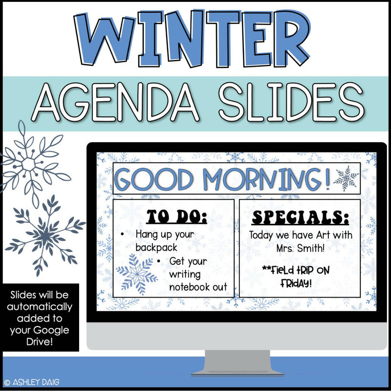 Daily Agenda Slides Template Winter Themed | New Years Google Slides | Digital Classroom Resource |  Ashley's Golden Apples