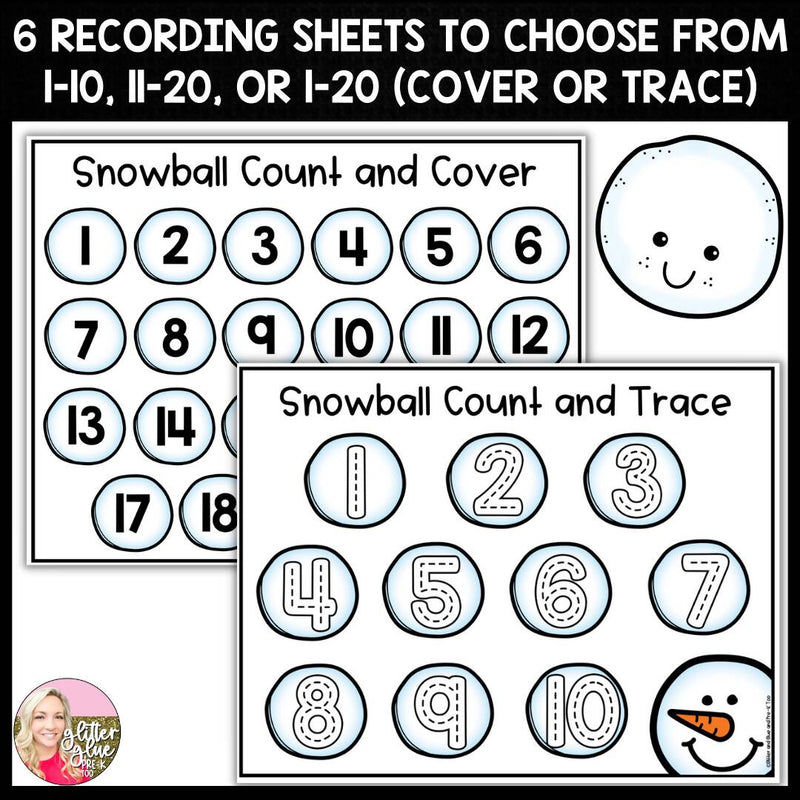 Snowball Count & Cover/Trace | Printable Classroom Resource | Glitter and Glue and Pre-K Too
