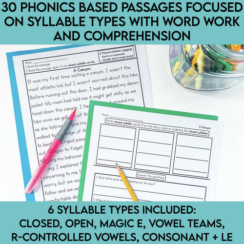 4th Grade Syllables Phonics Focused Review Reading Passages | 6 Syllable Types Worksheets