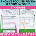 5th Grade Syllables Phonics Focused Review Reading Passages | 6 Syllable Types Worksheets