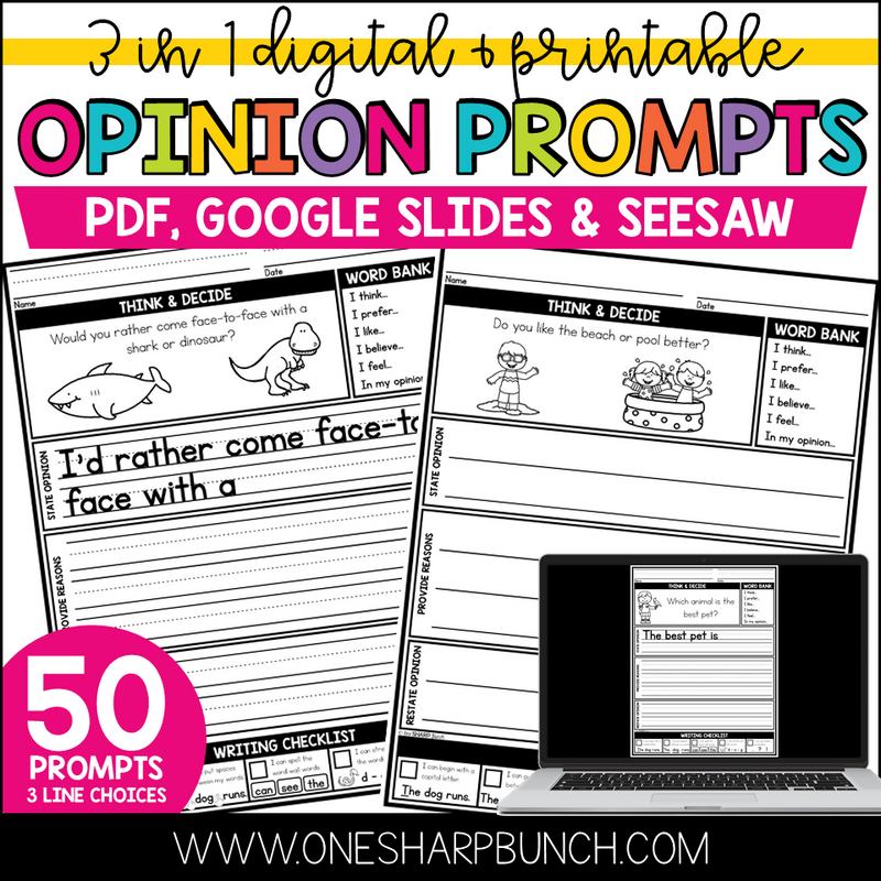 Digital & Printable Writing Prompts for Personal Narrative, Opinion & Informational Writing | Printable Classroom Resource | One Sharp Bunch