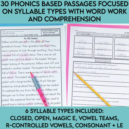 3rd Grade Syllables Phonics Focused Review Reading Passages | 6 Syllable Types Worksheets