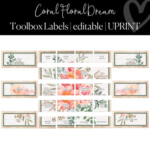 Editable Teacher Tool Box Labels Printable Classroom Decor Coral Floral Dream By UPRINT