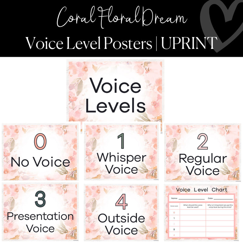 Printable Voice Level Poster Set Classroom Management Coral Floral Dream by UPRINT