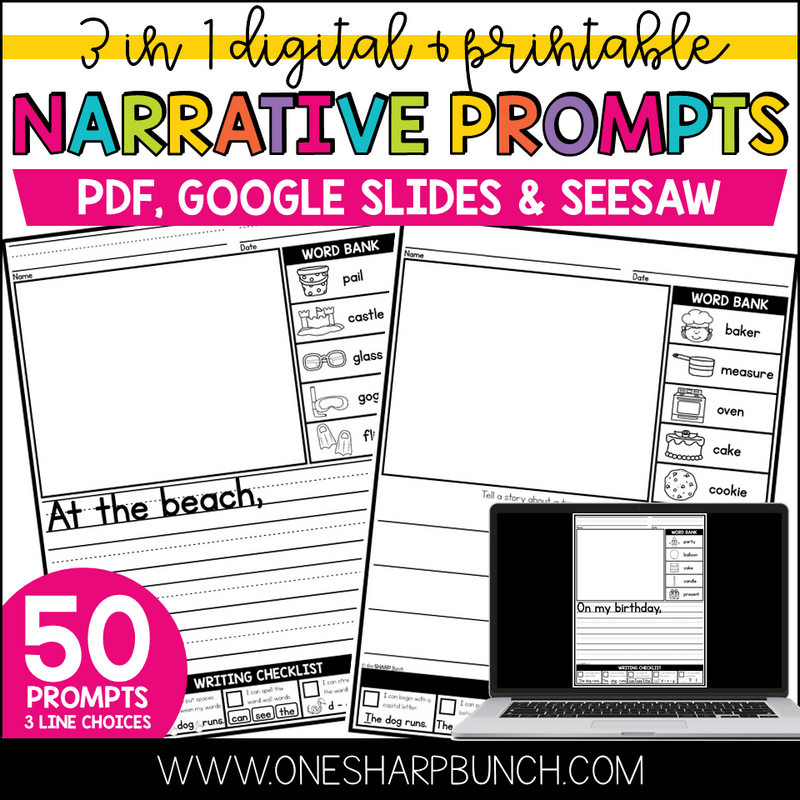 Digital & Printable Personal Narrative Journal Writing Prompts Writing Center | Printable Classroom Resource | One Sharp Bunch