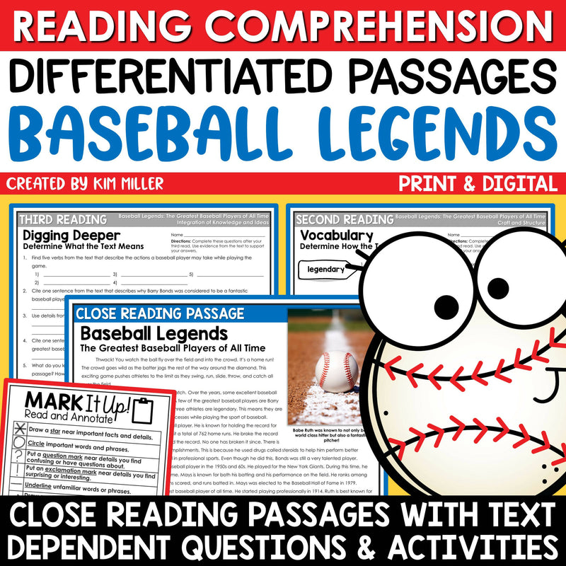Spring Baseball Close Reading Comprehension Passages & Questions Differentiated