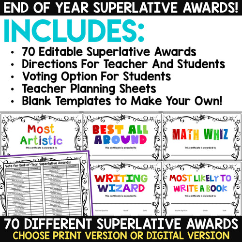 End of the Year Awards Certificates Class Superlatives Awards Day EDITABLE