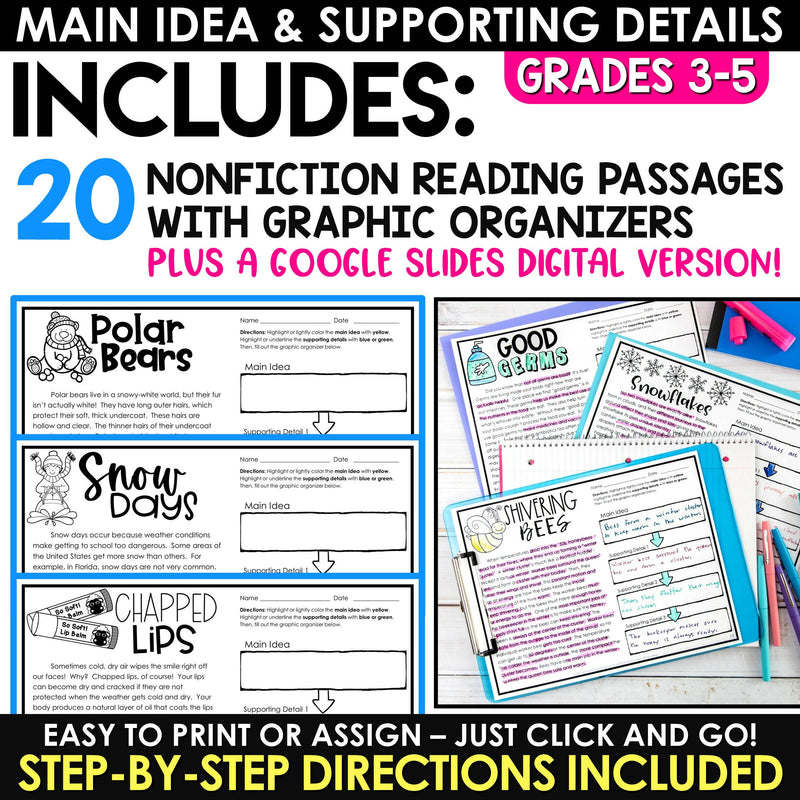 Winter Activities Main Idea & Details Worksheets Graphic Organizers Central Idea