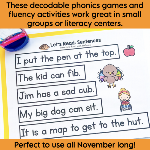 Thanksgiving Decodable Phonics Review Games and Fluency Activities | Science of Reading Aligned | Printable Teacher Resources | Literacy with Aylin Claahsen