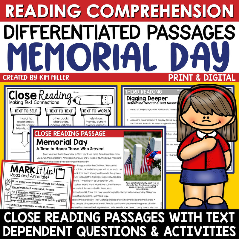 Memorial Day Activities Close Reading Comprehension Passages Differentiated