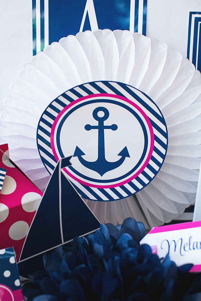 Navy Blue Wht Horiz Stripe Hot Pink Name Monogram Decorative