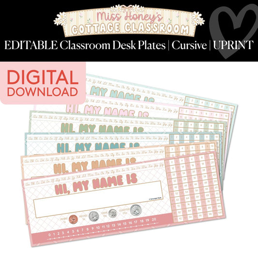 Printable Calming Editable Cursive Classroom Desk Plates | Miss Honey's Cottage Classroom