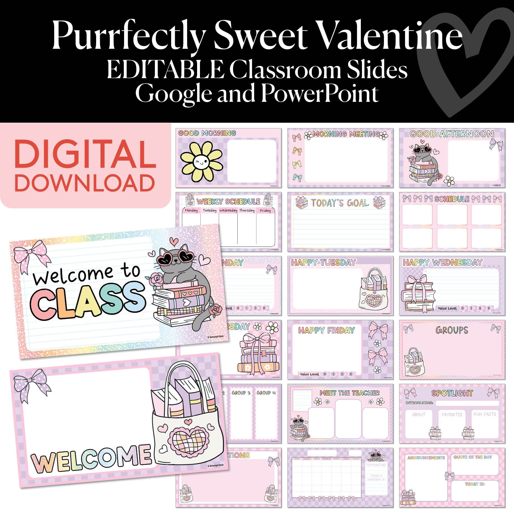 Printable Valentines Editable Google and Powerpoint Classroom Slides | Purrfectly Sweet Valentine