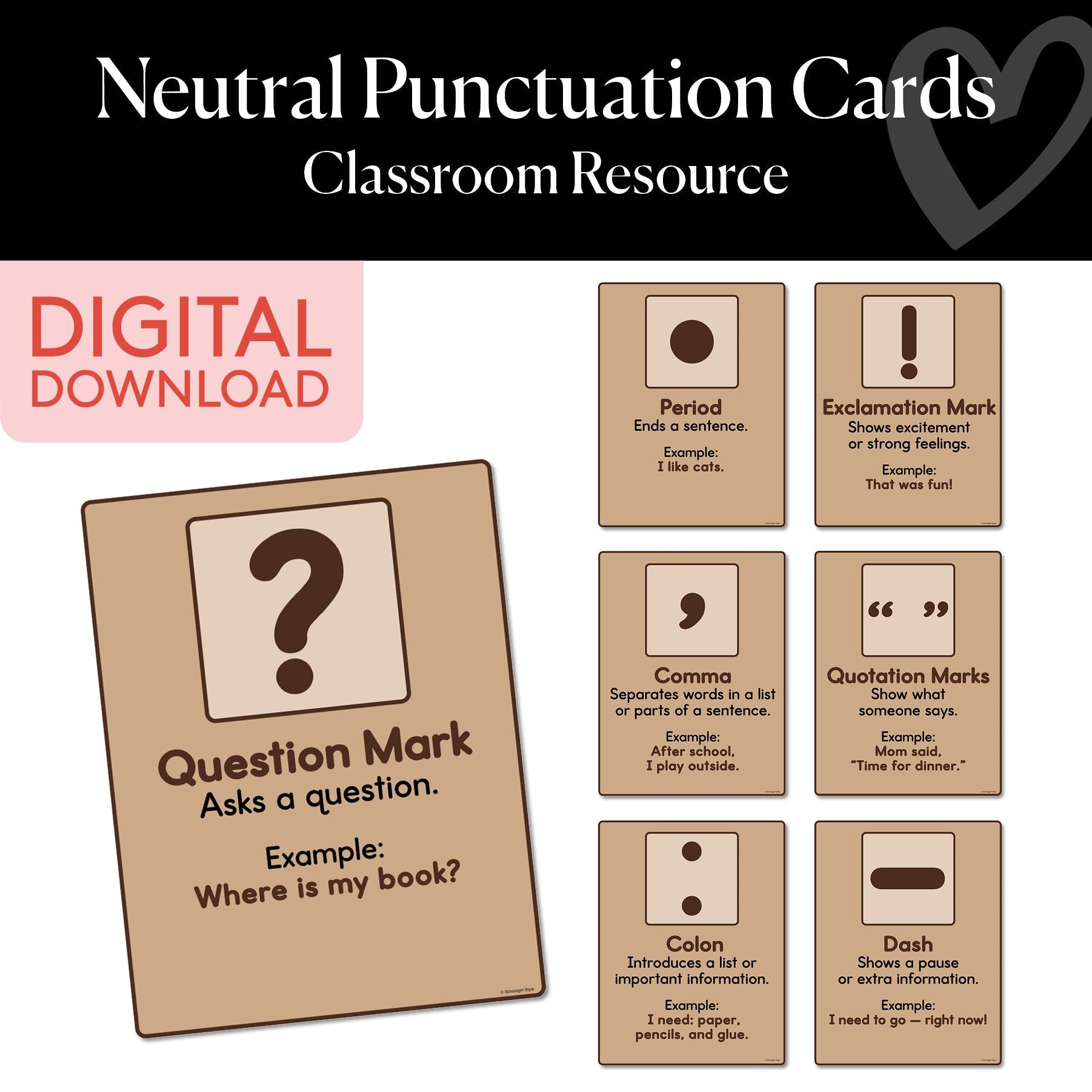 Printable Neutral Punctuation Cards – Schoolgirl Style