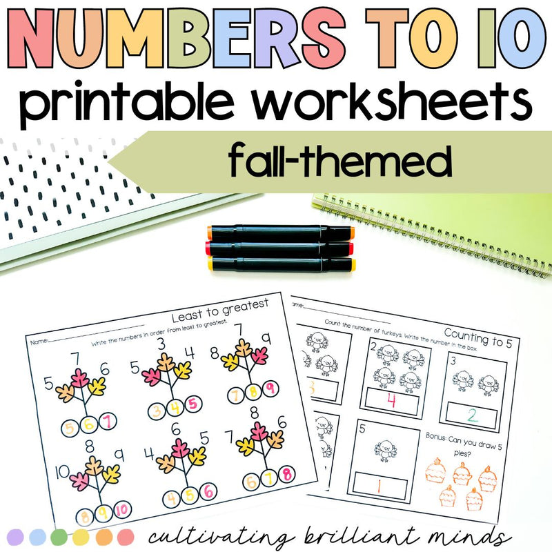 Fall Numbers to 10 Math Printable Worksheets | No Prep | Kindergarten, 1st Grade