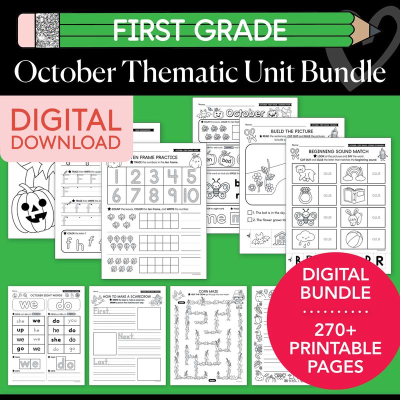 Printable First Grade October Thematic Unit Bundle