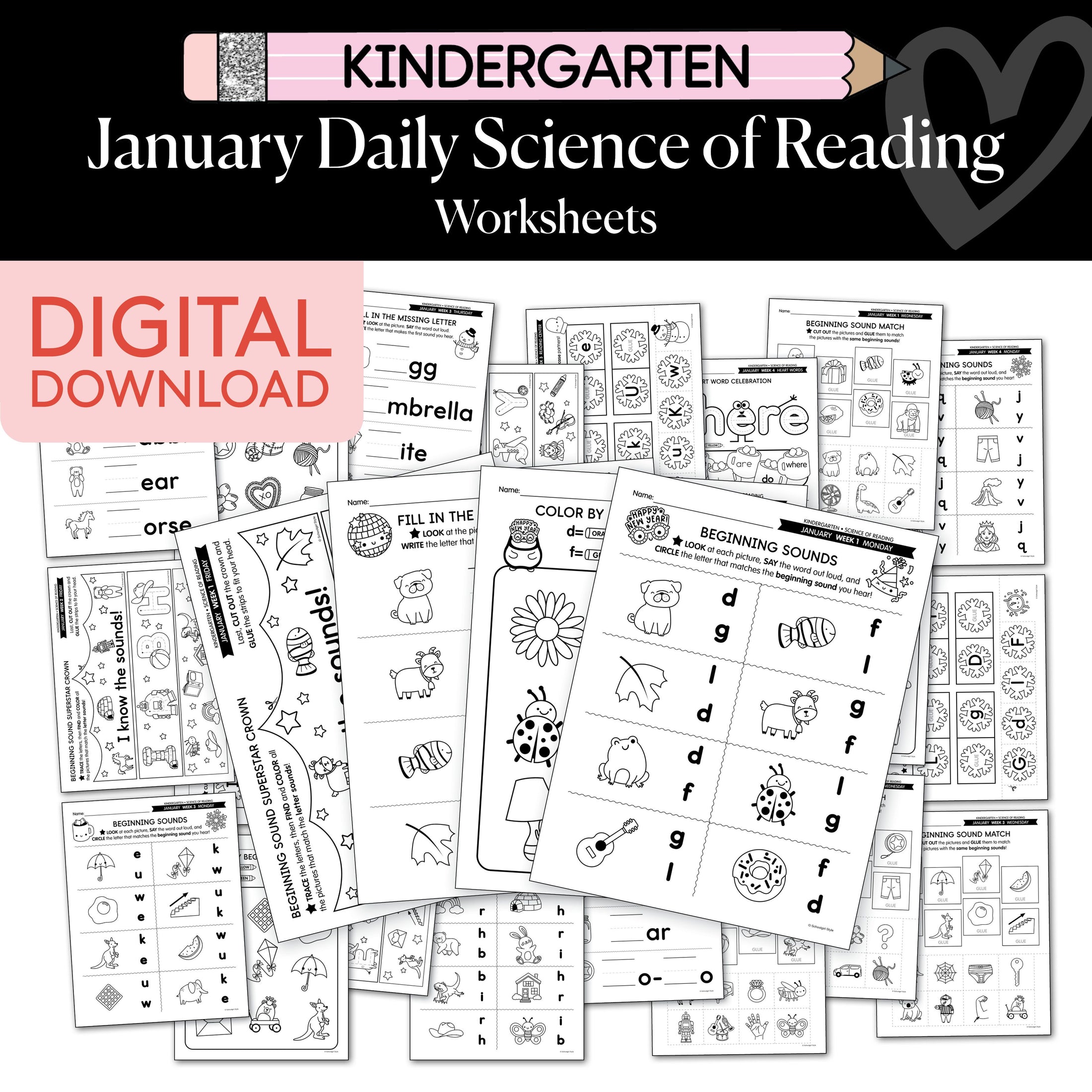 Printable Kindergarten January Daily Science of Reading