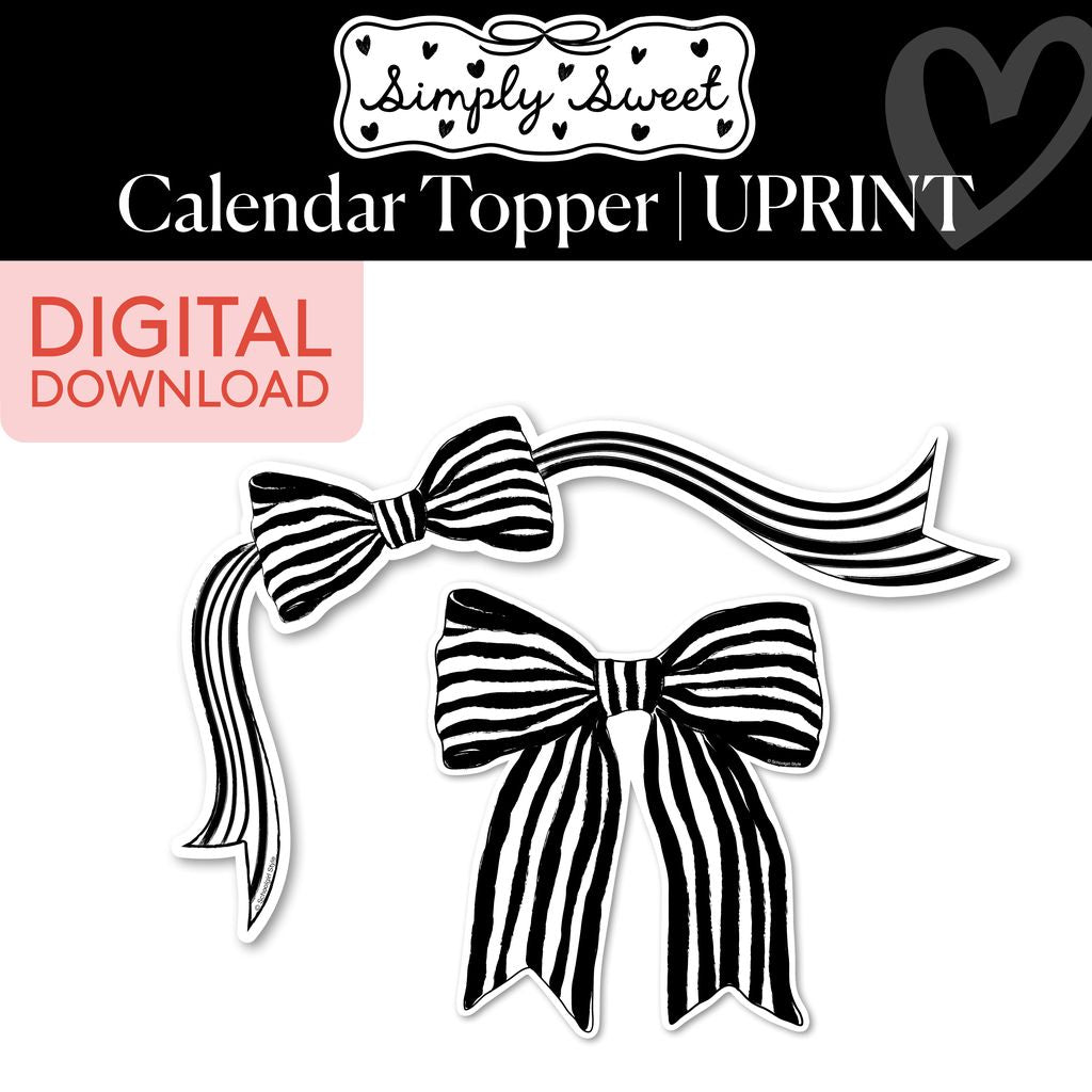 Printable Classic Black and White Striped Bow Calendar Topper | Simply Sweet