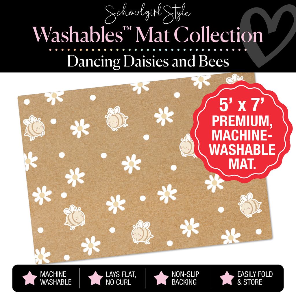 Dancing Daisies and Bees on Neutral Backdrop Classroom Mat by Schoolgirl Style