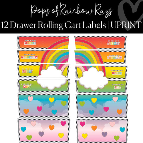 Printable and Editable 12 Drawer Rolling Cart Labels Classroom Decor Pops of Rainbow Ray By UPRINT