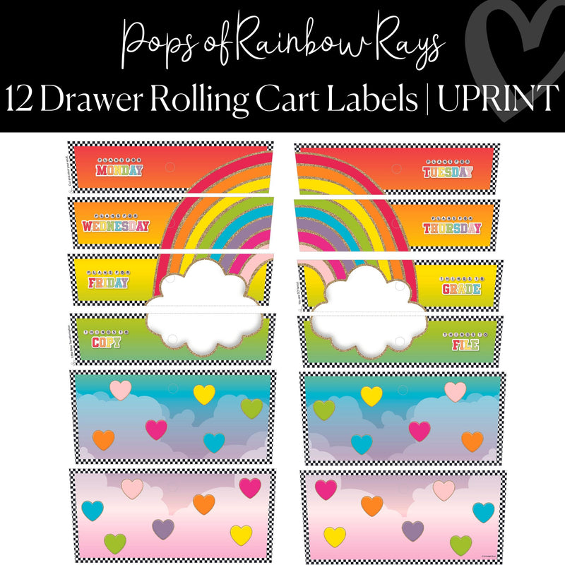Printable and Editable 12 Drawer Rolling Cart Labels | Rainbow Classroom Decor | Pops of Rainbow Rays | UPRINT | Schoolgirl Style