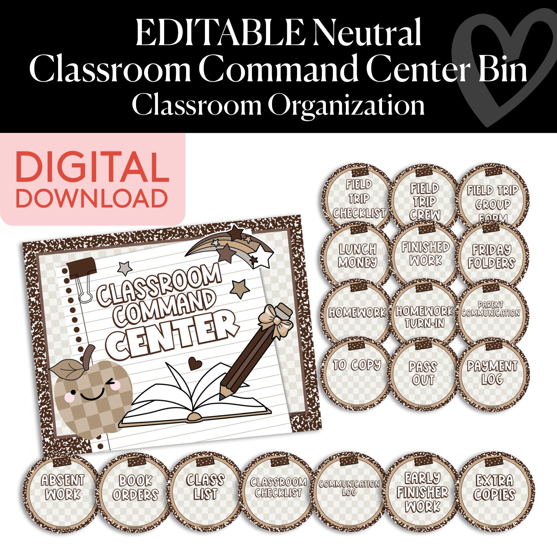Printable Neutral Command Center Classroom Bin