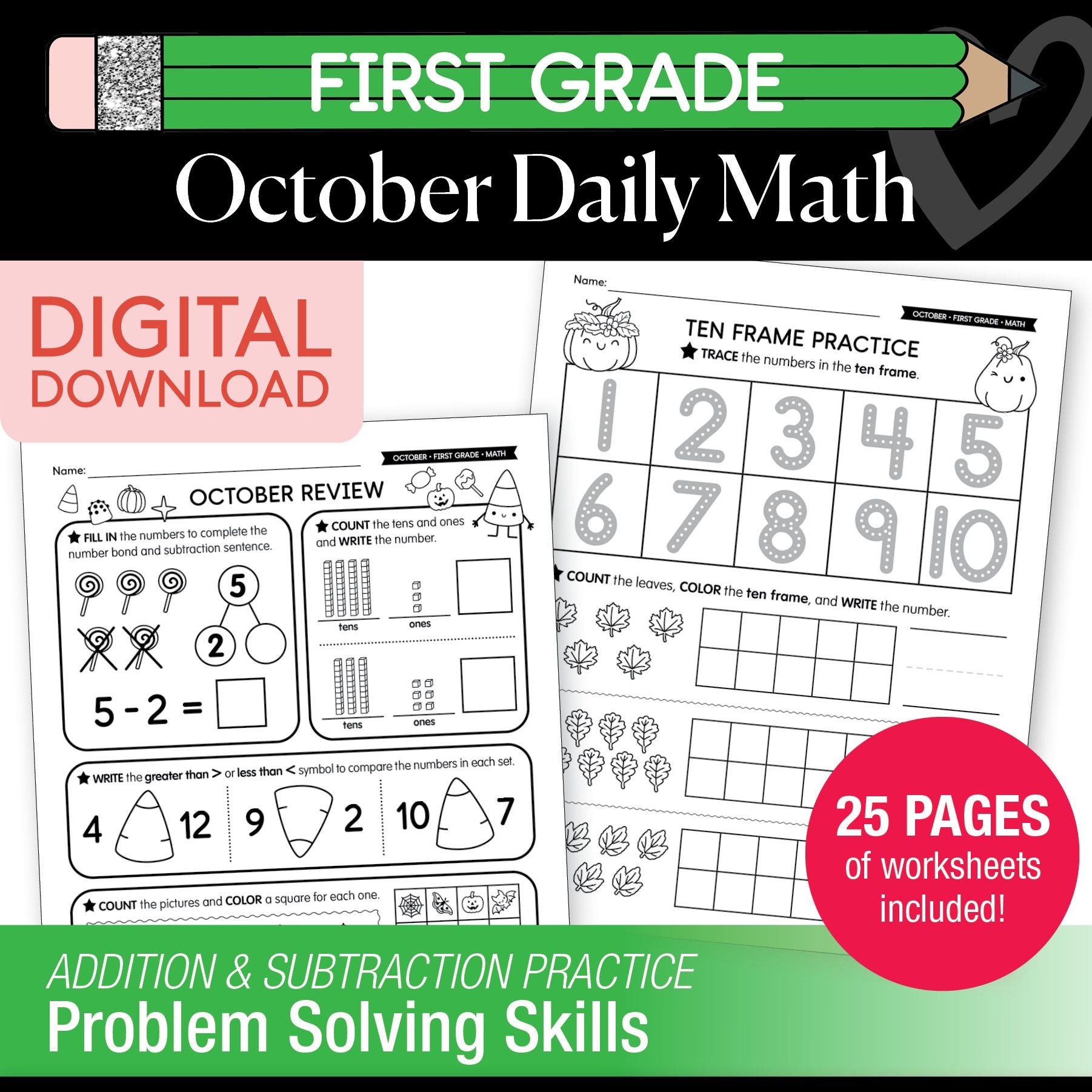 Printable First Grade October Daily Math Worksheets
