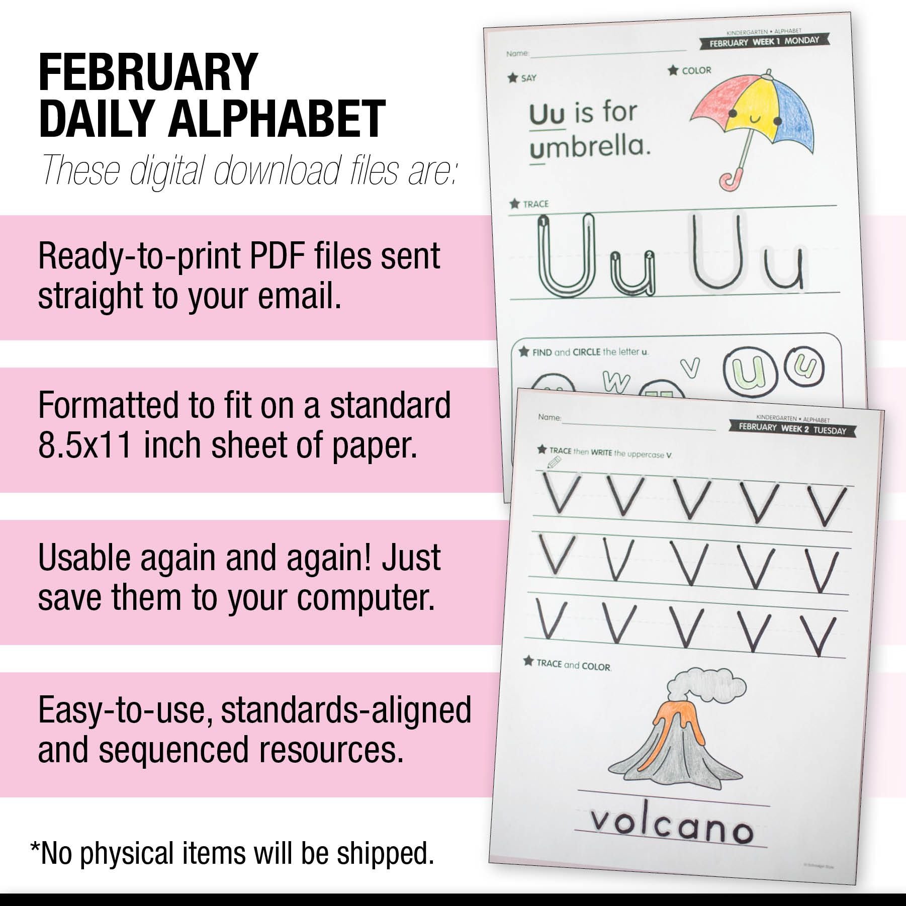 Printable Kindergarten February Daily Alphabet (Q-T)
